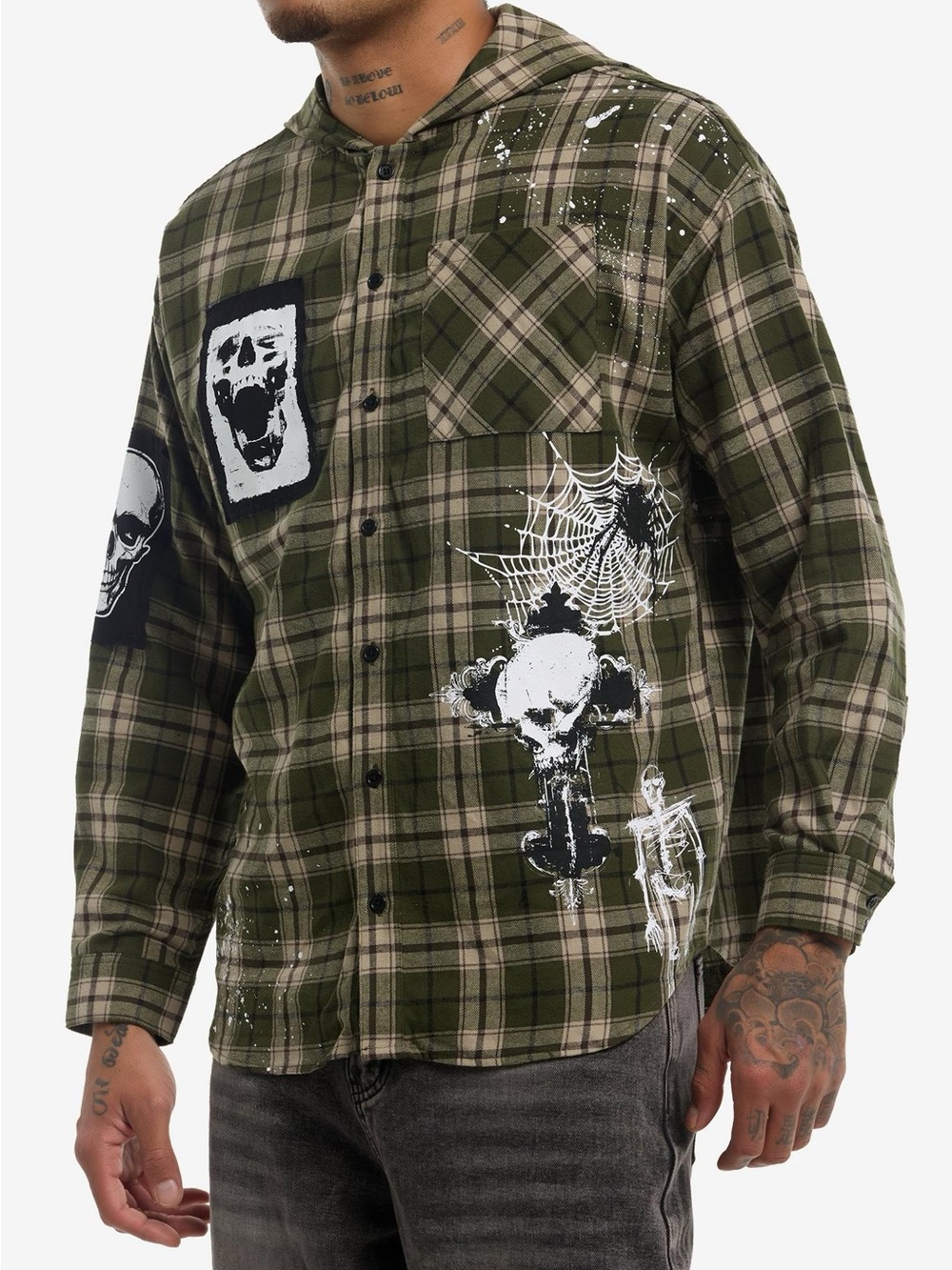 Hot Topic Green Plaid Skull Patches Hooded Flannel Button-Up size M